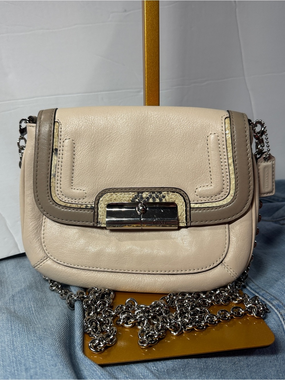 Coach Cream Kristin Snakeskin leather  Crossbody Taupe Trim and Silver Chain